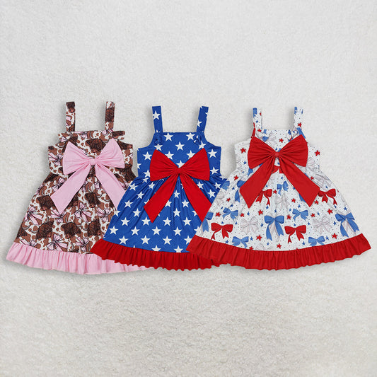 Sibling Baby Girls Strap Bows Cows 4th of July Western Ruffle Knee Length Dresses