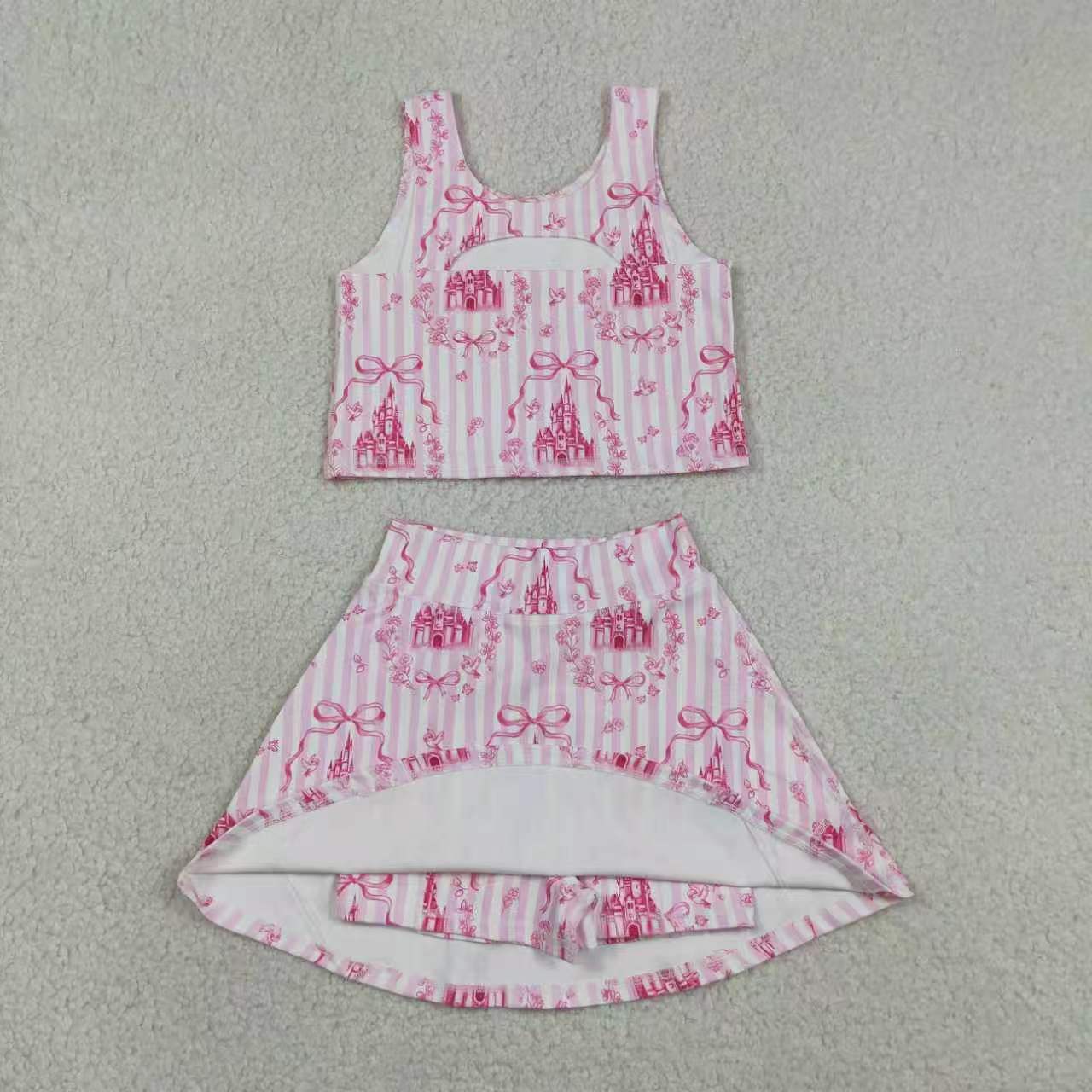 Toddler Girls Sibling Pink Castle Sleeveless Crop Top & Skort Set Summer Activewear