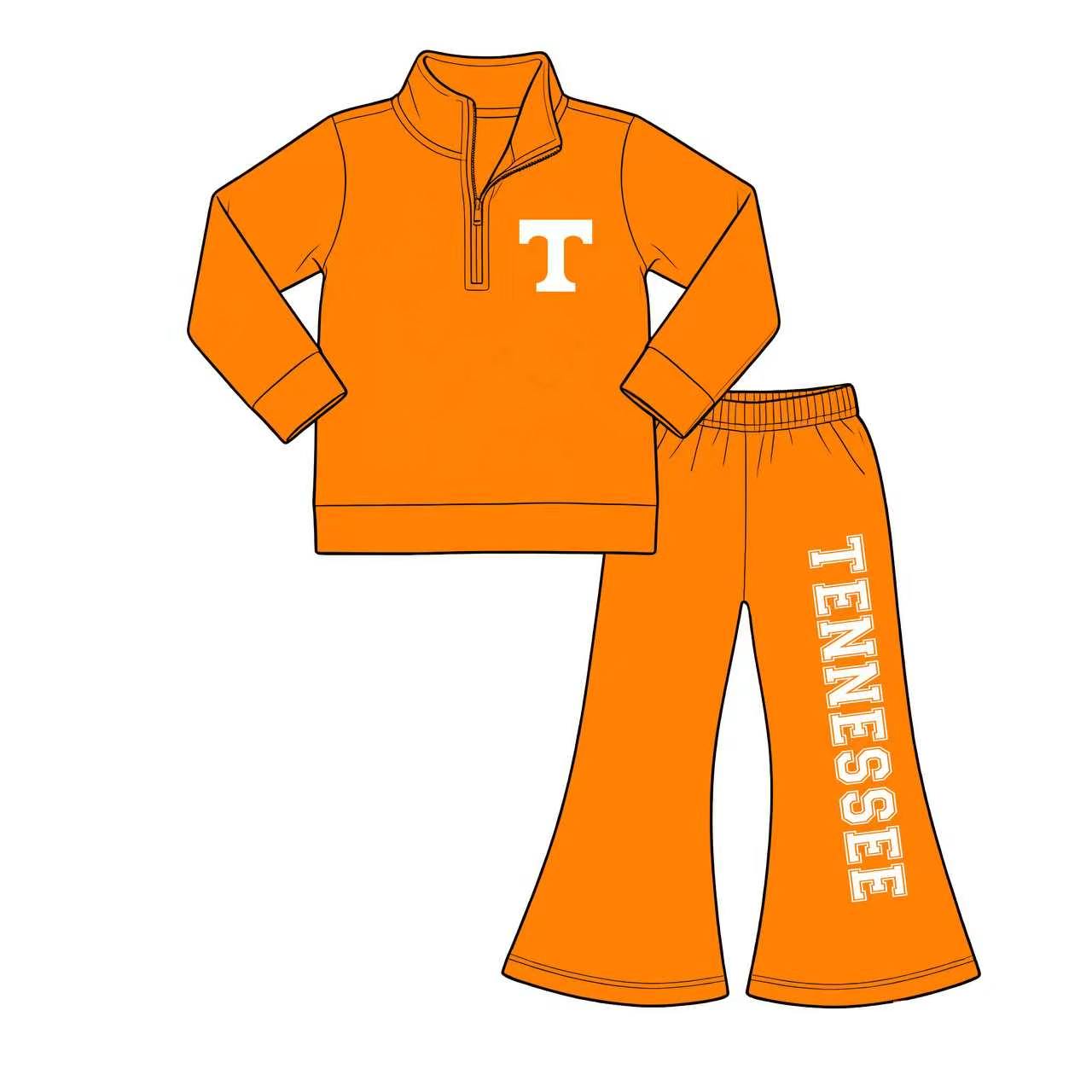 (Custom Design Preorder MOQ 5) Teams Tennessee Orange Zipper Pullover Top Bell Pants Girls Fall Clothes Set