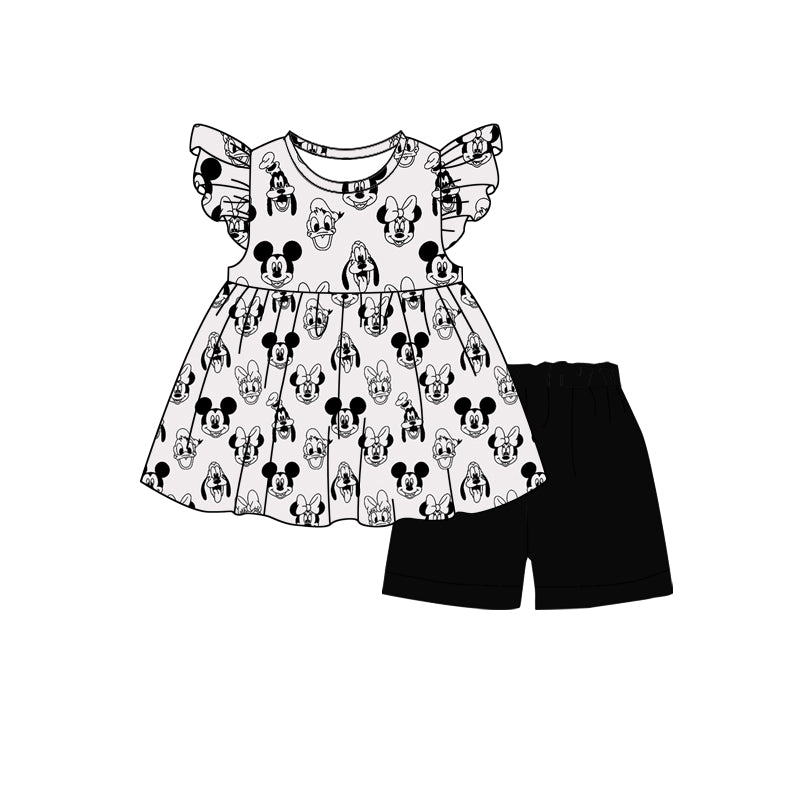 (Custom Design Preorder MOQ 5)  Cartoon Mouse Tunic Top Black Shorts Baby Girls Summer Outfits