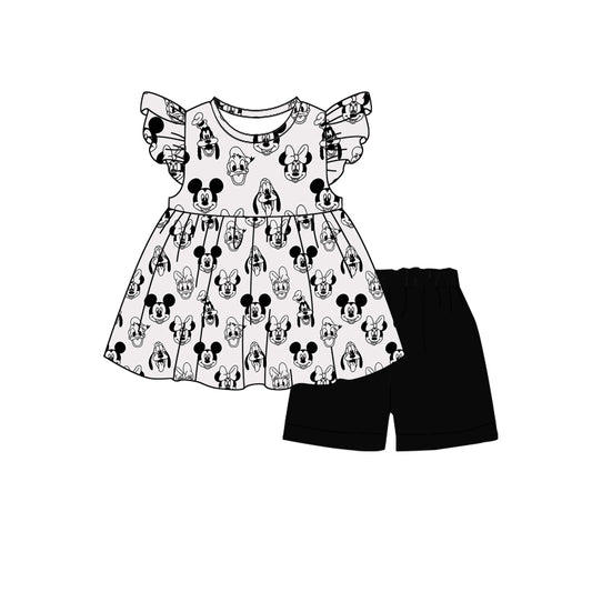 (Custom Design Preorder MOQ 5)  Cartoon Mouse Tunic Top Black Shorts Baby Girls Summer Outfits