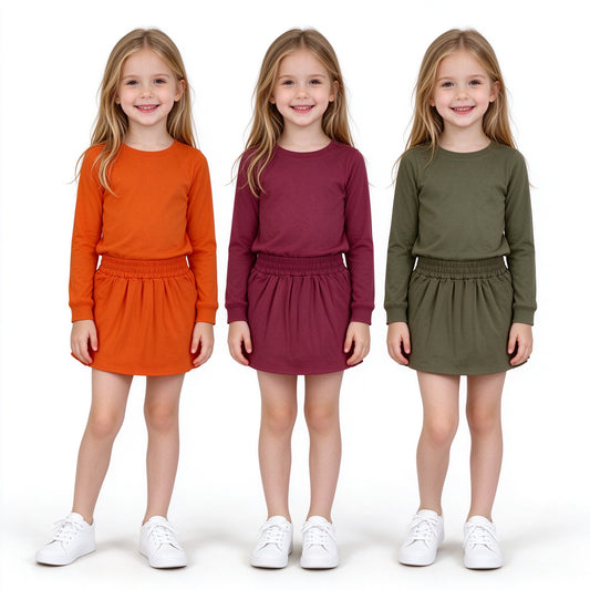 Sibling Kids Girls Cotton Long Sleeve  Top with Skirt Outfit