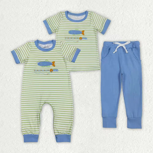 Sibling Baby Boys Embroidery Fishing Stripe Top Pockets Pant Hunting Clothes Sets Footie Romper