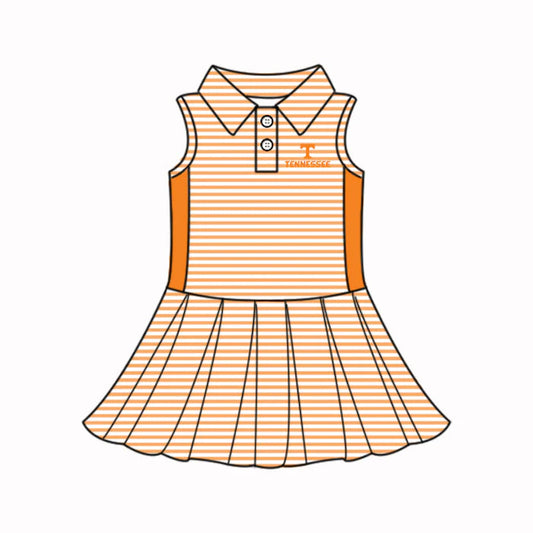 (Custom Design Preorder MOQ 5) Baby Girls Orange Stripe Tennessee Button Team Knee Length Dresses