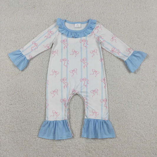 Baby Girls Pink Bows Stripe Collar Ruffle Foodie Rompers