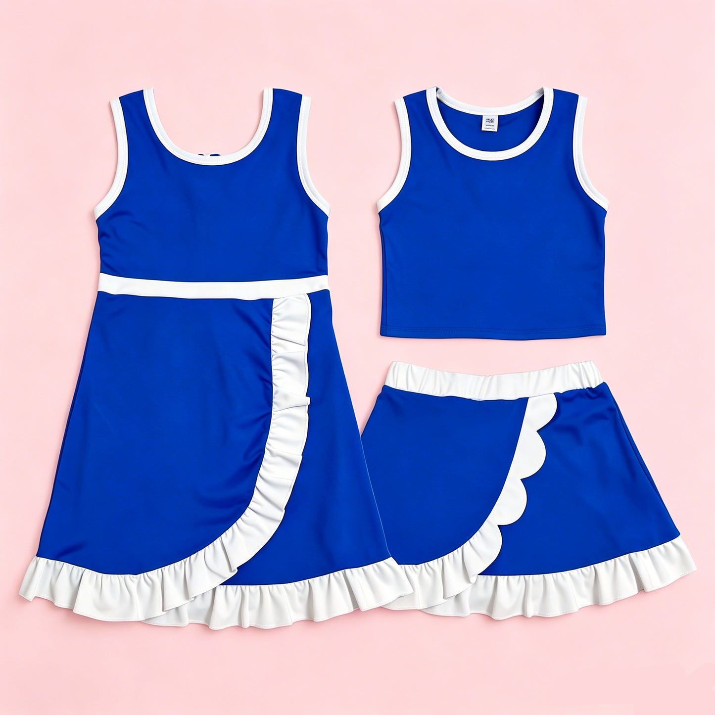 Toddler Sibling Kids Girls Royalblue With White Ruffle Dress & Skort Outfit Active Wear