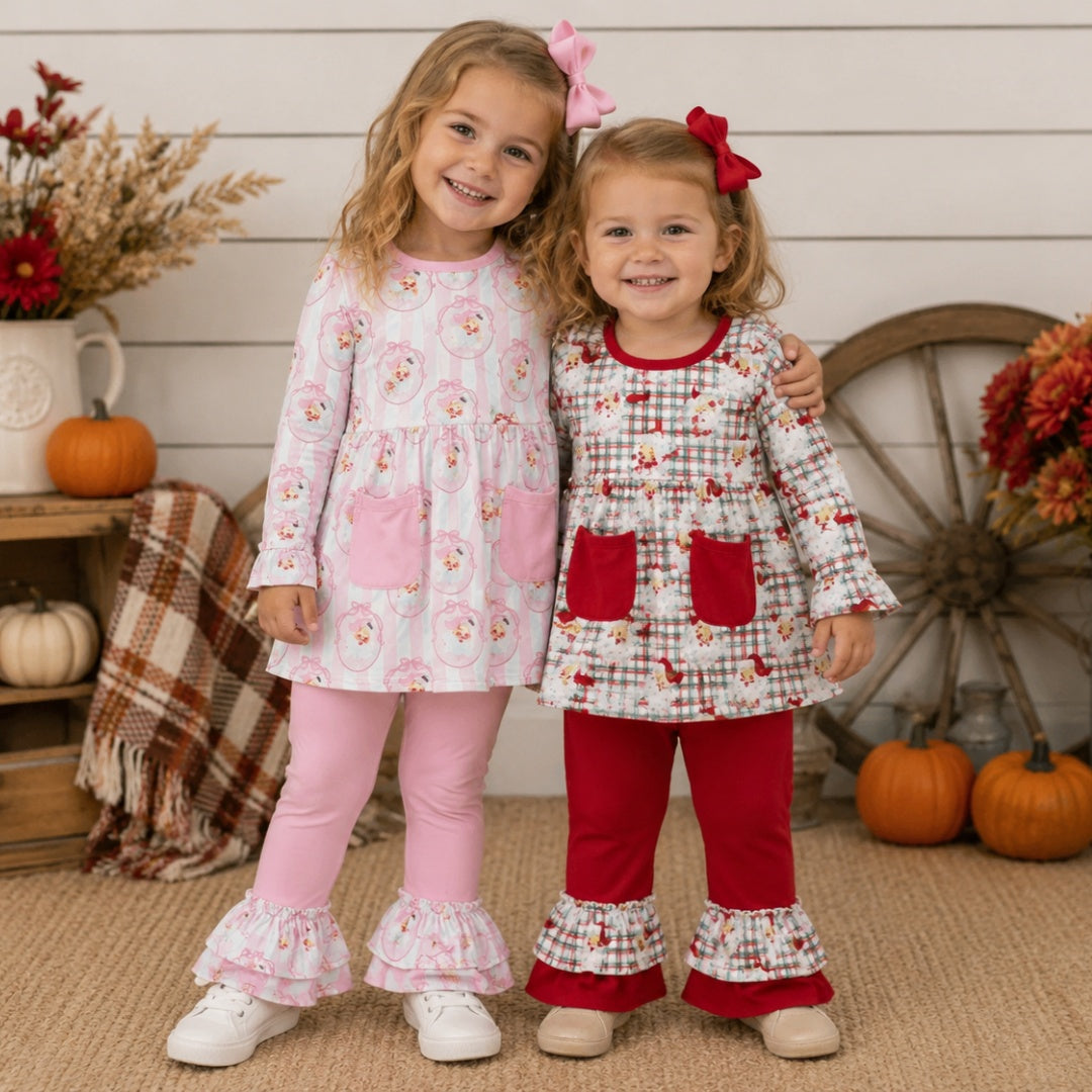 Sibling Baby Girls Santa Pockets Tunic Ruffle Pants Christmas Clothes Sets