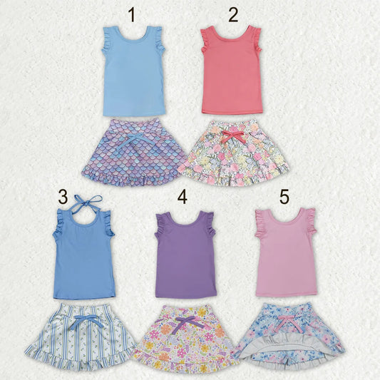 Sibling Baby Girls Sleeveless Vest Top Flowers Skirt Shorts Yoga Active Clothes Sets
