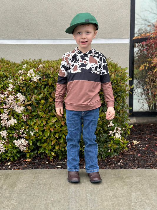 BT0100 Cowhide Brown Print Boys Long Sleeve Hoodie Top