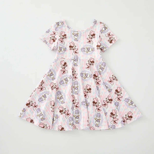 (Custom Design Preorder MOQ 5) Cartoon Mouse Small Flowers Print Girls Summer Dress