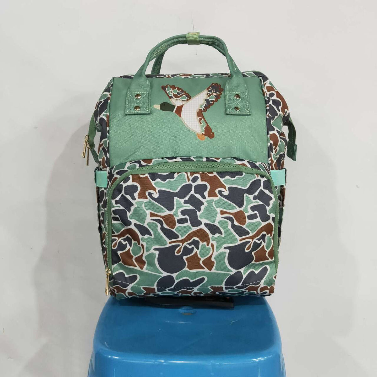 BA0404 Duck Embroidery  Green Camo Hunting Print Adult Baby Diaper Bags