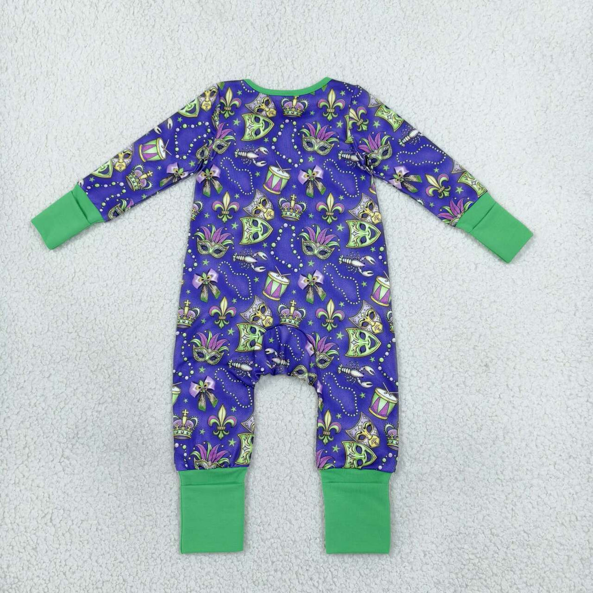 LR3334 Mask Bows Crayfish Print Baby Girls Mardi Gras Zipper Sleeper Romper