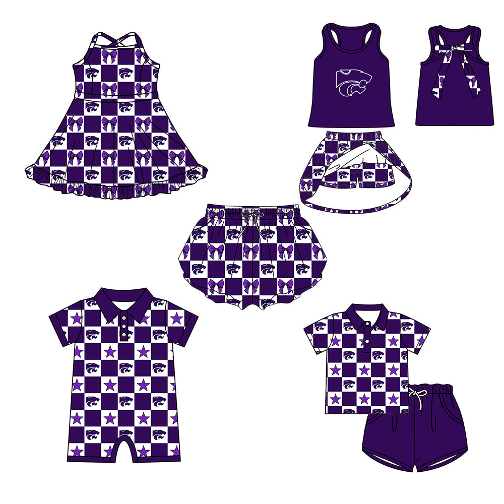 (Custom Design Preorder MOQ 5 Each Item) Teams Kansas State Wildcats Bows Purple Plaid Print Kids Clothes Sibling & Family Matching Styles