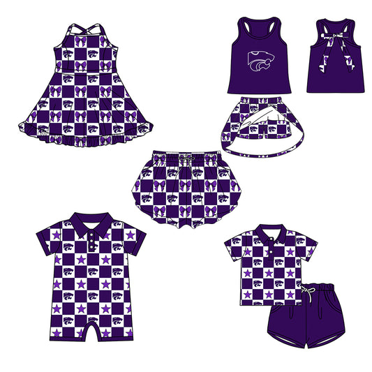 (Custom Design Preorder MOQ 5 Each Item) Teams Kansas State Wildcats Bows Purple Plaid Print Kids Clothes Sibling & Family Matching Styles