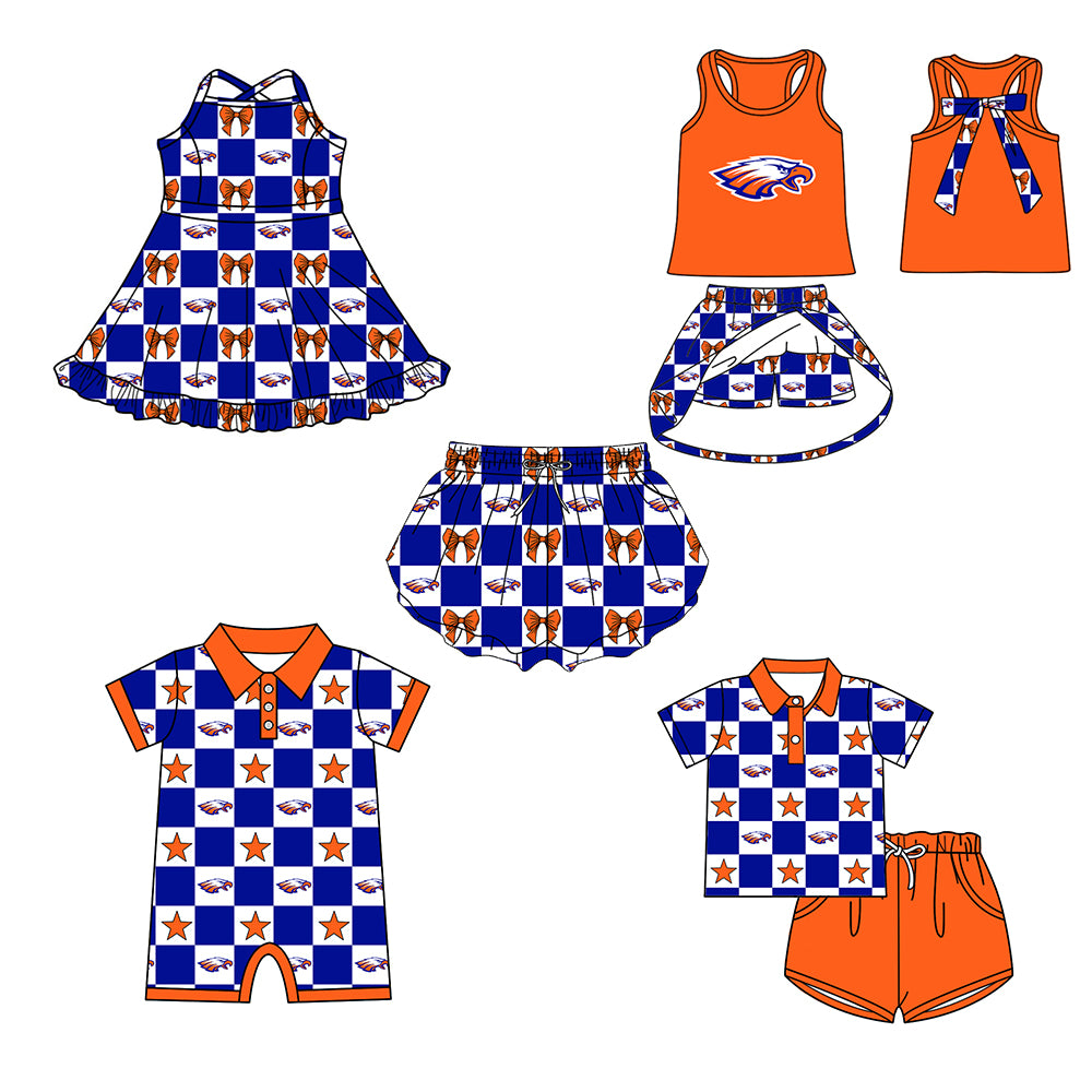 (Custom Design Preorder MOQ 5 Each Item) Teams Denver Broncos Bows Blue Plaid Print Kids Clothes Sibling & Family Matching Styles