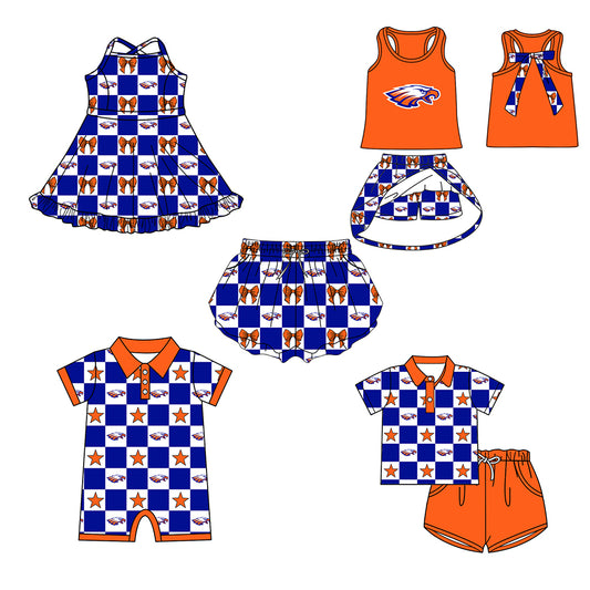 (Custom Design Preorder MOQ 5 Each Item) Teams Denver Broncos Bows Blue Plaid Print Kids Clothes Sibling & Family Matching Styles