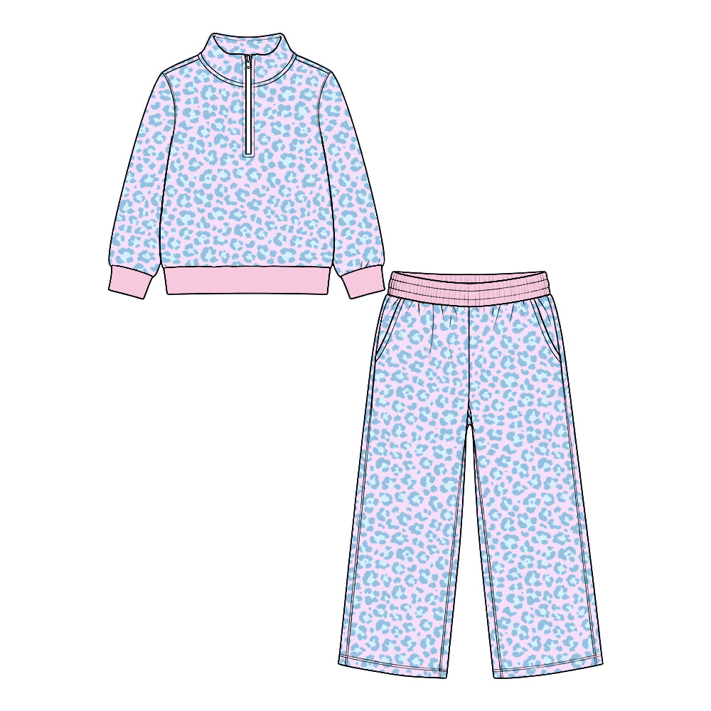(Custom Design Preorder MOQ 5) Leoaprd Zipper Top Pockets Pants Girls Clothes Set Sisters Wear