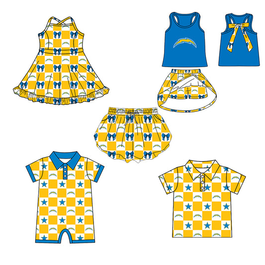 (Custom Design Preorder MOQ 5 Each Item) Teams Los Angeles Chargers Yellow Plaid Print Kids Clothes Sibling & Family Matching Styles
