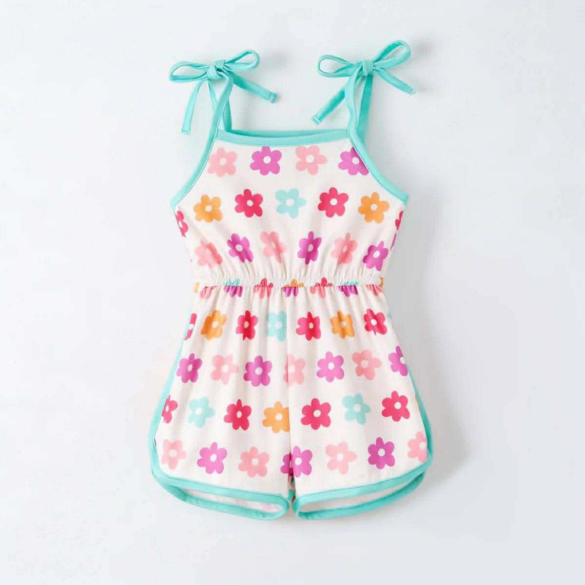 (Custom Design Preorder MOQ 5) Colorful Flowers Print Baby Girls Summer Strap Jumpsuits