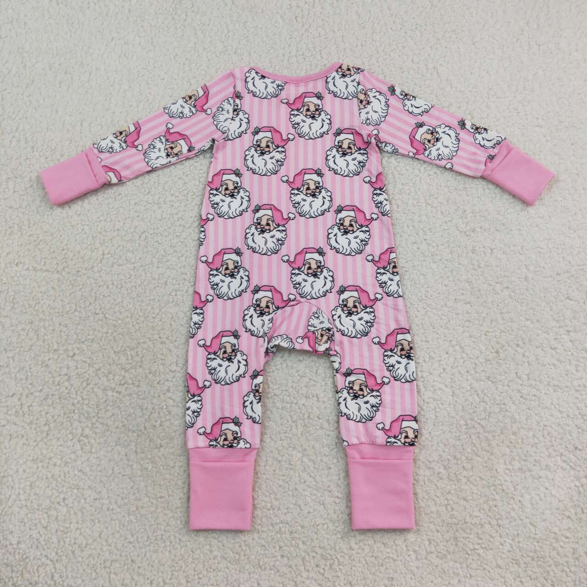 LR3125 Santa Pink Stripes Print Baby Girls Christmas Zipper Sleeper Romper