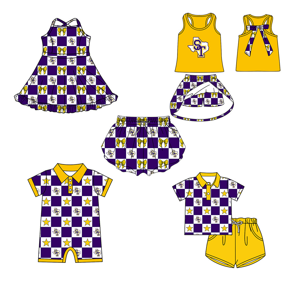 (Custom Design Preorder MOQ 5 Each Item) Teams Bobcats Bows Blue Plaid Print Kids Clothes Sibling & Family Matching Styles