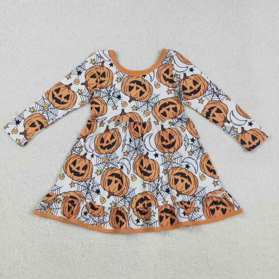 Sibling Baby Girls  Orange Pumpkins Halloween Pajamas Sets Rompers Knee Length Dresses