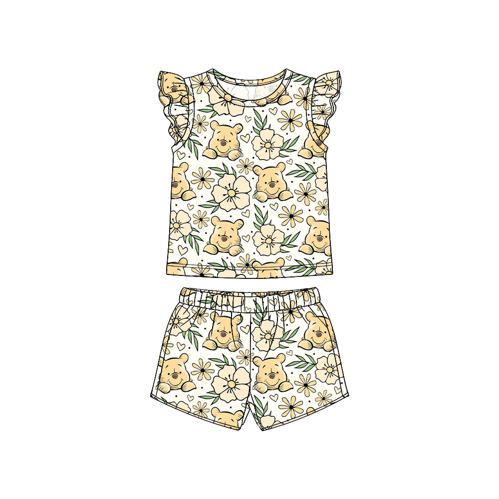 3.31(Custom Design Preorder MOQ 5 Each Item) Cartoon Bear Winni* Flowers Print Girls Summer Outfits Sister Wear