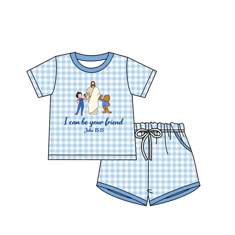 (Custom Design Preorder MOQ 5) Friend Blue Plaid Top Pockets Shorts Boys Summer Clothes Set