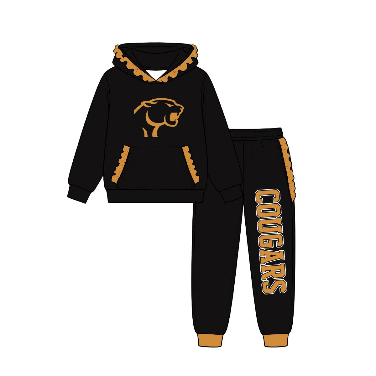 (Custom Design Preorder MOQ 5) Teams Rosebud Lott Cougars Black Gold Ruffles Hoodie Top Pockets Joggers Pants Girls Yoga Clothes Set