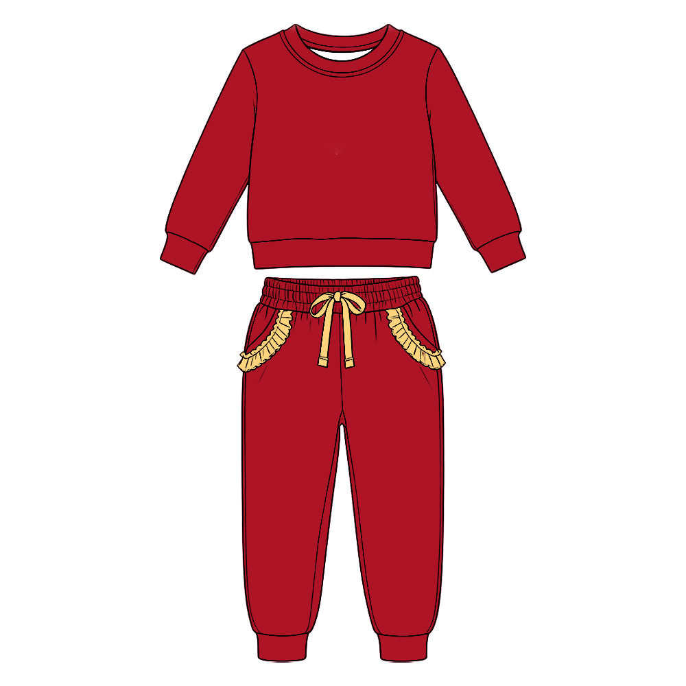 (Custom Design Preorder MOQ 5 Each) Solid Color Cotton Long Sleeve Top Ruffle Pants Girls Princess Clothes Set Sisters Wear