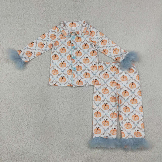 GLP3338 Pumpkin Flowers Bows Print Girls Fall Fur Buttons Pajamas Clothes Set