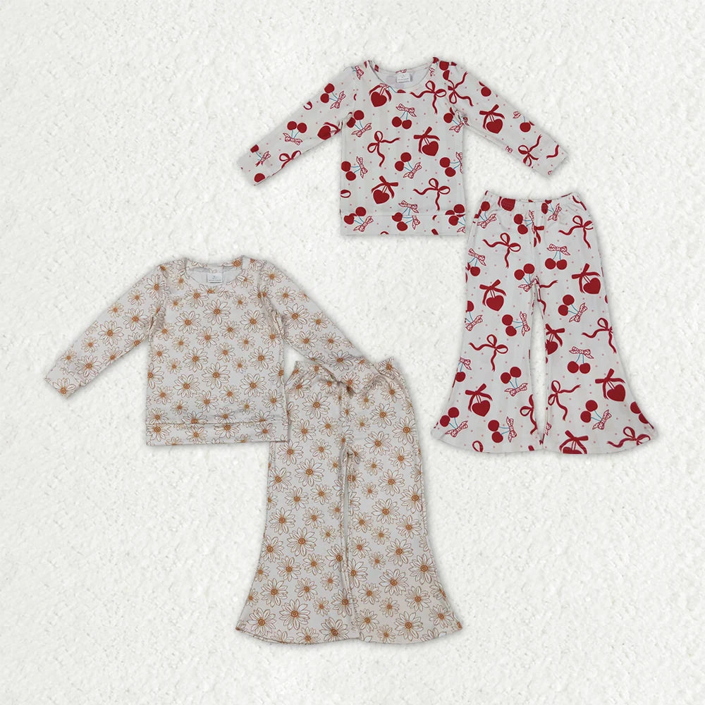 Sibling Toddler Girls Daisy Flower Cherry Heart Long Sleeve Top Flare Pants Outfit