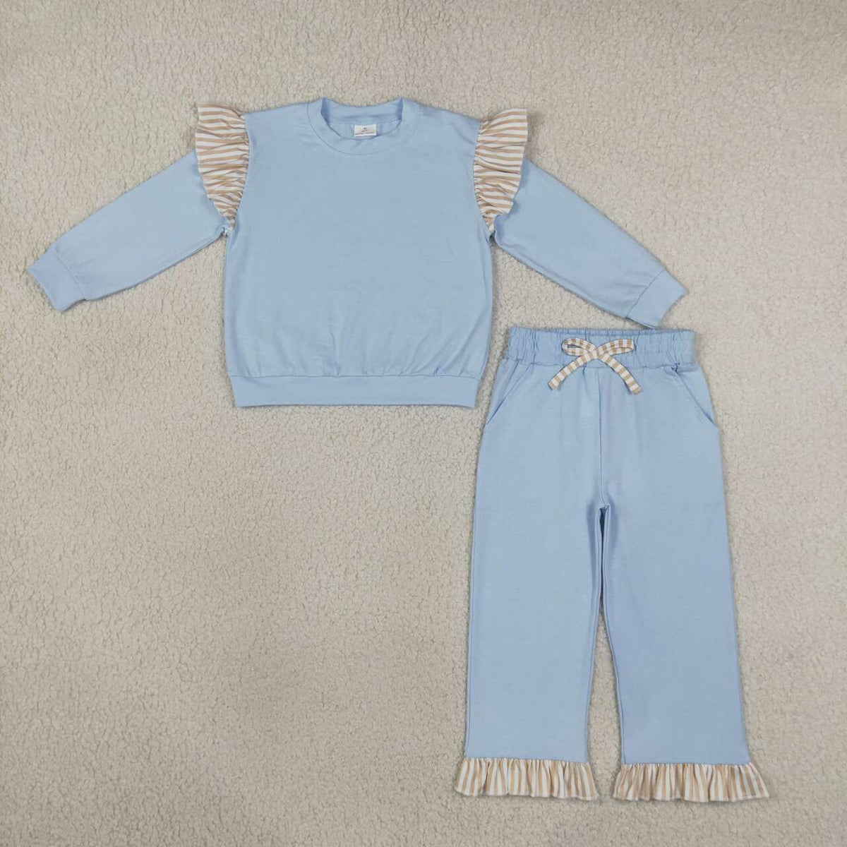 GLP3696 Girls Light Blue Flutter Sleeve Top with Ruffle Pants Outfit