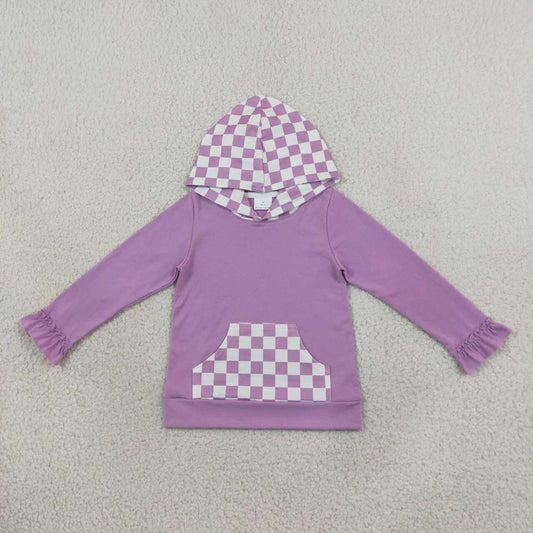 GT1852 Purple Checkered Pocket Girls Long Sleeve Hoodie Top