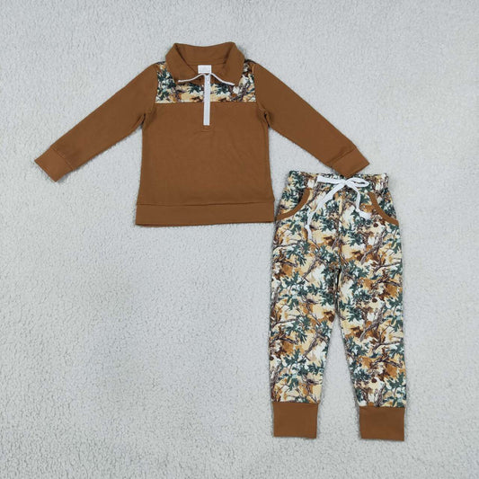 BLP1447 Brown Zipper Top Branch Camo Pockets Pants Boys Fall Clothes Set