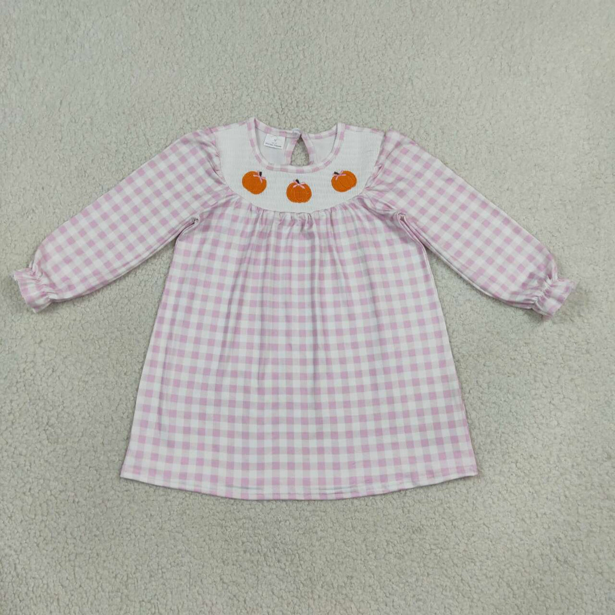 GLD1649 Pumpkin Embroidery Gingham Baby Girls Fall Smocked Dress