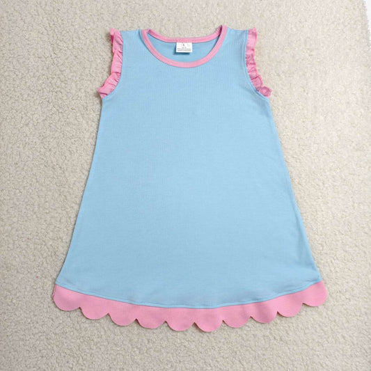 GSD4048 Blue Cotton Scalloped Edge Ruffle Girls Knee Length Dress