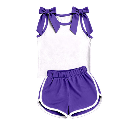 (Custom Design Preorder MOQ 5) Teams Purple Bows White Vest Top Purple Shorts Mommy and Me Summer Cotton Clothes Set