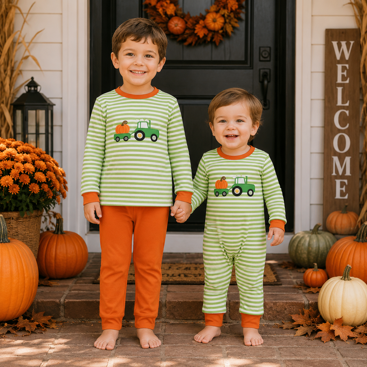 Sibling Baby Boys Embroidery  Pumpkin Truck Striped Outfit +Romper