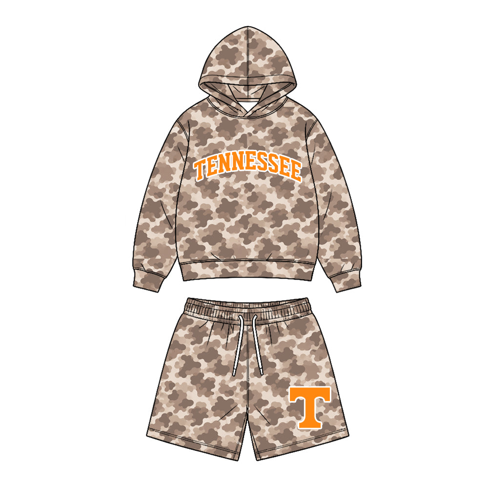 (Custom Design Preorder MOQ 5 Each)Teams Logo Brown Camo Hoodie Top Pockets Shorts Boys Clothes Set Brothers Wear