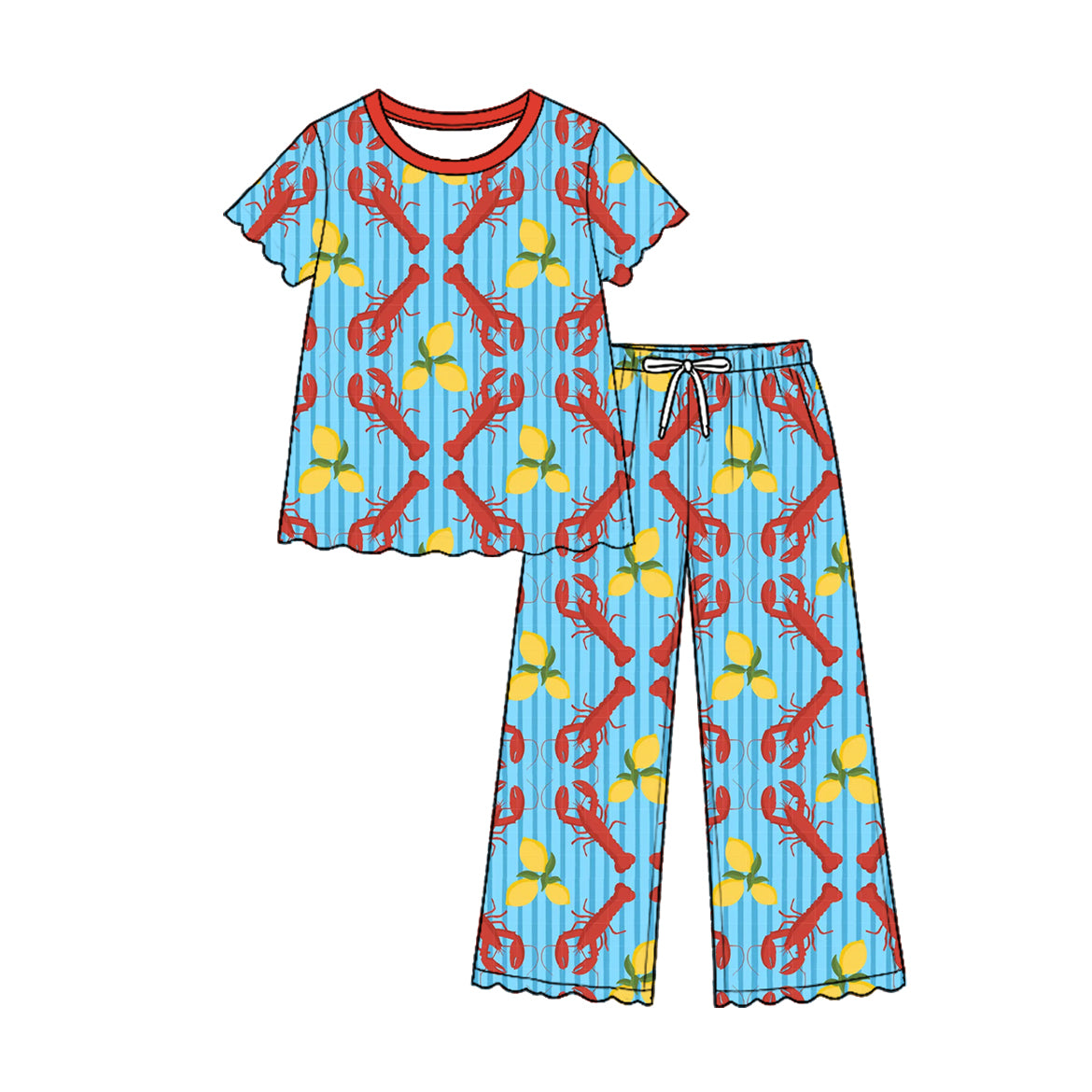 (Custom Design Preorder MOQ 5 Each)Crayfish Bows Print Short Sleeve Top Pants Girls Ruffle Clothes Set Sisters Wear