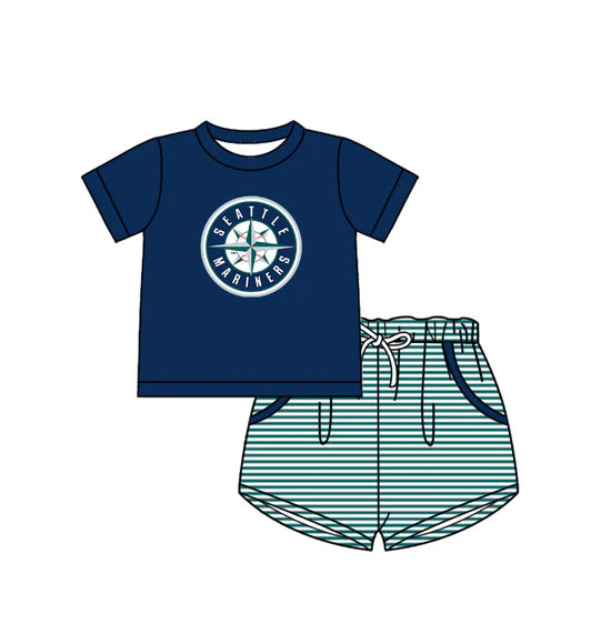 (Custom  Preorder MOQ 5) Baby Boys Seattle Mariners Top Checked Short Team Outfit