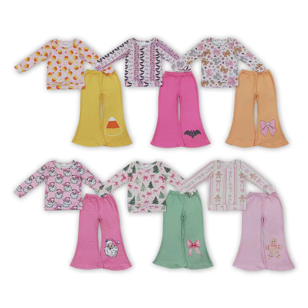 Sibling Baby Girls Halloween Christmas Long Sleeve Top with Bell Bottom Pants Outfit
