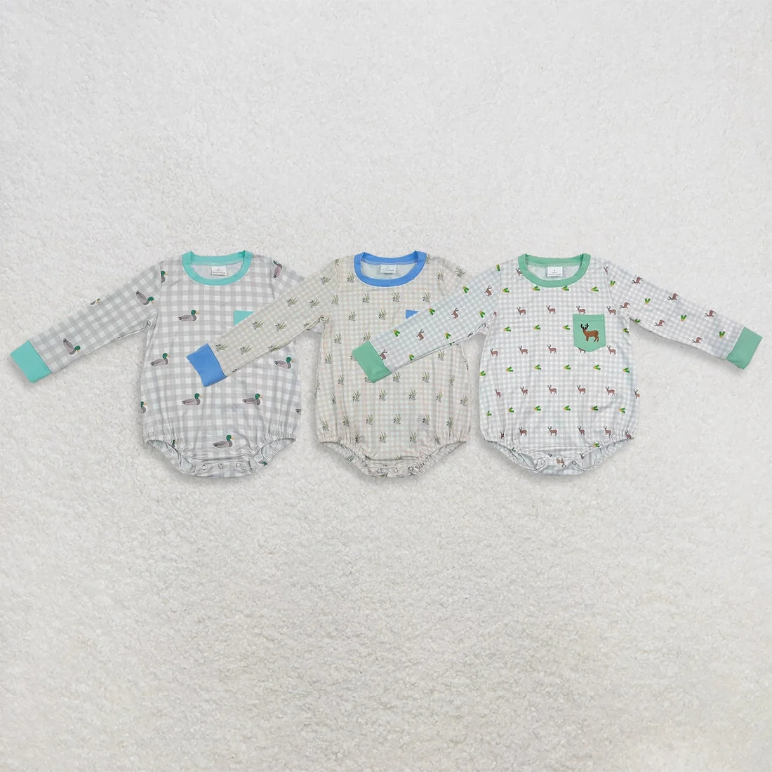 Sibling Baby Boys Embroidery Ducks Deer Pockets Hunting Checked Rompers