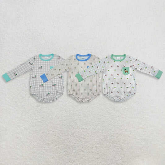 Sibling Baby Boys Embroidery Ducks Deer Pockets Hunting Checked Rompers