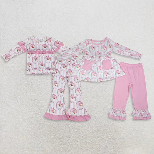 Sibling Baby Girls Pink Stripe Bows Santa Tunic Ruffle Pants Christmas Clothes Sets
