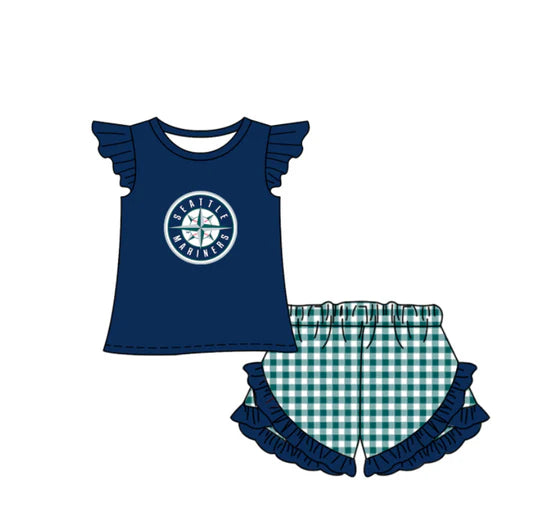 (Custom  Preorder MOQ 5) Baby Girls Seattle Mariners Top Checked  Ruffle Short Team Outfit