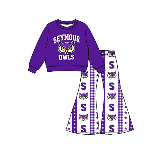 Preorder( 5  MOQ) Baby Girls  Seymour Owls Top Bell Bottom Pants Outfit