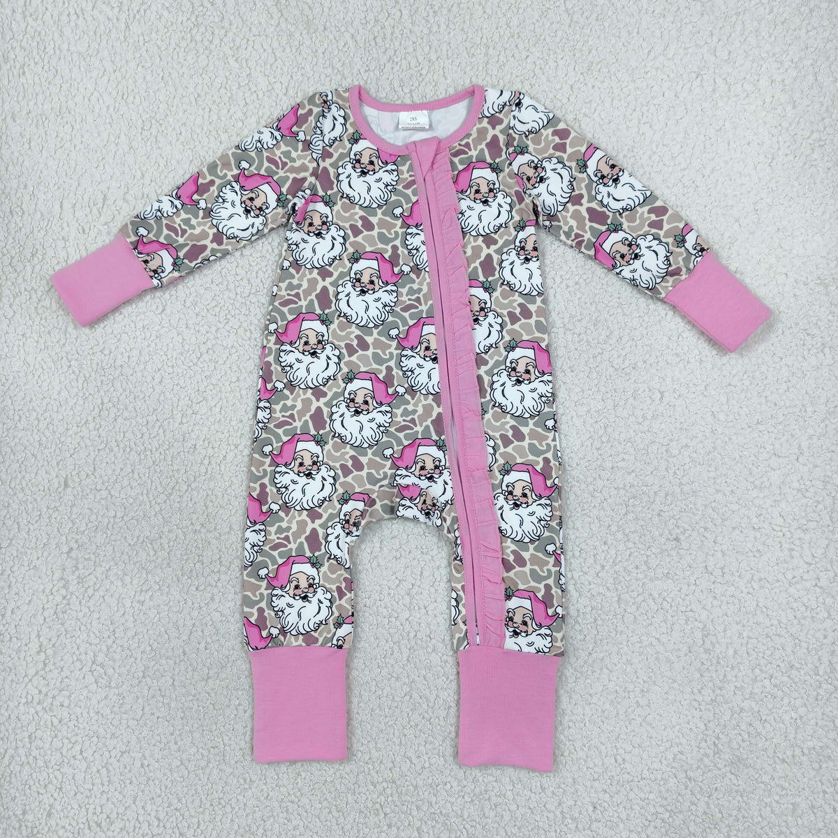 LR3305 Santa Camo Print Baby Girls Christmas Zipper Sleeper Romper