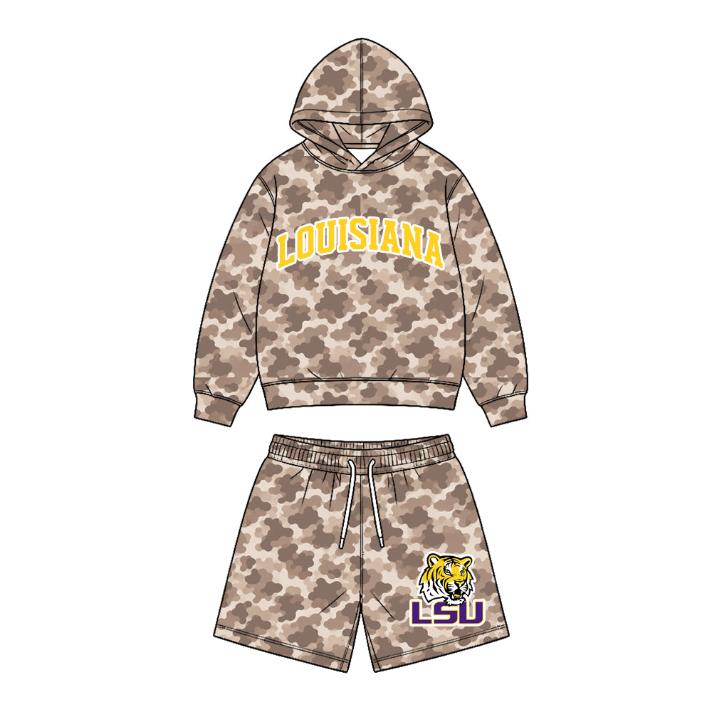 (Custom Design Preorder MOQ 5 Each)Teams Logo Brown Camo Hoodie Top Pockets Shorts Boys Clothes Set Brothers Wear